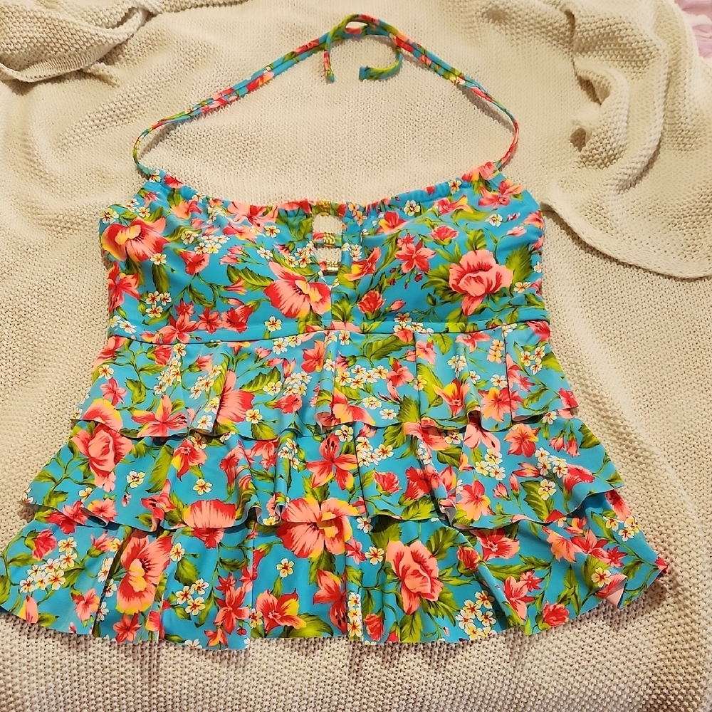 Blue and Pink Ruffled Swimsuit Top